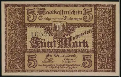 Notgeld Furtwangen, 5 Mark, Stadtansicht und Wappen, Seriennummer 1069