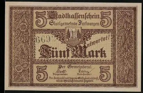 Notgeld Furtwangen, 5 Mark, Stadtansicht und Wappen