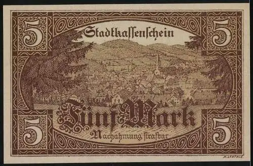 Notgeld Furtwangen, 5 Mark, Stadtansicht und Wappen