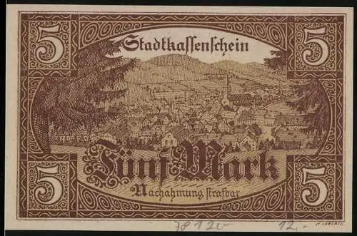 Notgeld Furtwangen, 5 Mark, Stadtkassenschein mit Stadtansicht und Wappen, Nachahmung strafbar