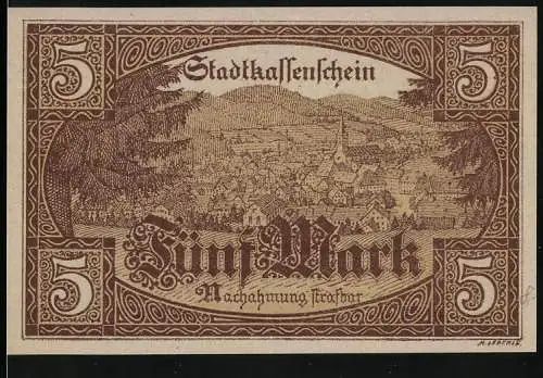 Notgeld Furtwangen, 5 Mark, Stadtkassenschein mit Stadtansicht und Gemeindewappen