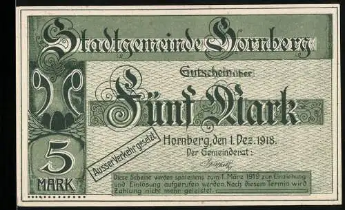 Notgeld Hornberg, 1918, 5 Mark, Stadtgemeinde Hornberg, Ritter und Ortsansicht