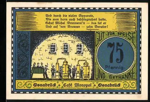 Notgeld Osnabrück, 1921, 75 Pfennig, Café Monopol mit Gedicht und Skelett Illustration