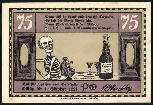 Notgeld Osnabrück, 1921, 75 Pfennig, Café Monopol mit Gedicht und Skelett Illustration