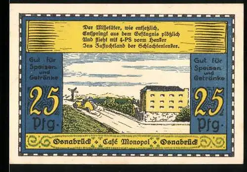 Notgeld Osnabrück, 1921, 25 Pfennig, Café Monopol, Gut für Speisen und Getränke, Gefängnis und Gerichtssaal