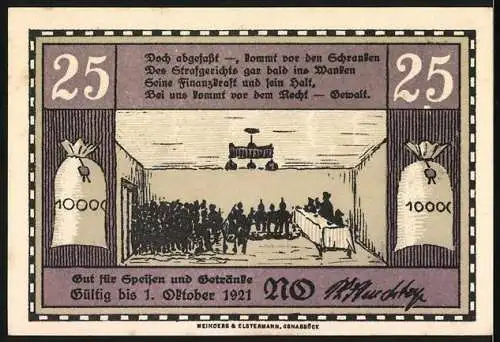 Notgeld Osnabrück, 1921, 25 Pfennig, Café Monopol, Gut für Speisen und Getränke, Gefängnis und Gerichtssaal