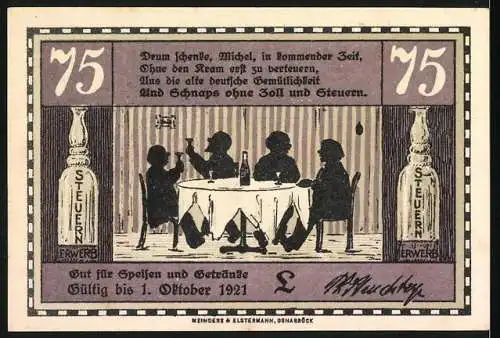 Notgeld Osnabrück, 1921, 75 Pfennig, Café Monopol, Jubiläumszug und Tischgesellschaft in Café Monopol