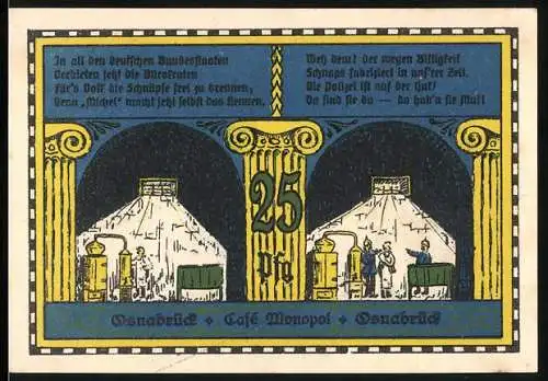 Notgeld Osnabrück 1921, 25 Pfennig, Café Monopol, Gebäude und historische Szene, gültig bis 1. Oktober 1921