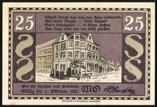 Notgeld Osnabrück 1921, 25 Pfennig, Café Monopol, Gebäude und historische Szene, gültig bis 1. Oktober 1921