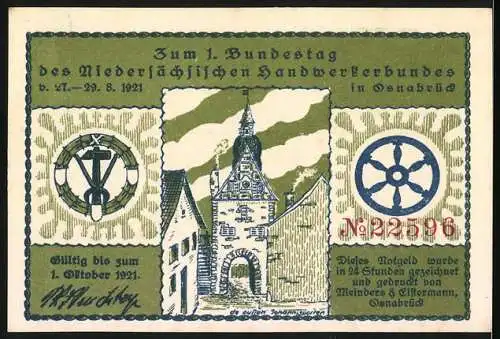 Notgeld Osnabrück 1921, 50 Pfennig, Café Monopol und Handwerkerbund Bundestag in Osnabrück