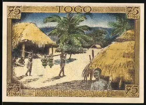 Notgeld Berlin, 1921, 75 Pfennig, Afrika-Kolonie Togo, Dorf bei Missahöhe und Kolonialgedenktag