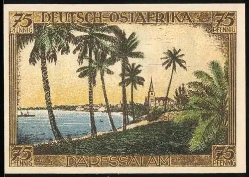Notgeld Berlin 1921, 75 Pfennig, Kolonie Deutsch-Ostafrika Daressalam mit Palmen und Kirche, Kolonialgedenktag