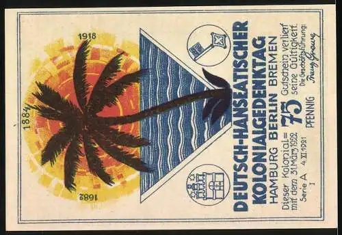 Notgeld Berlin 1921, 75 Pfennig, Afrika Kolonie Deutsch-Südwestafrika, Swakopmund, Kolonialgedenktag 1921