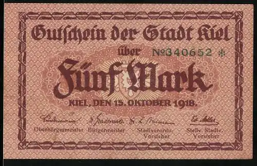 Notgeld Kiel 1918, 5 Mark, Gutschein der Stadt Kiel mit Gebäudeabbildung und Gültigkeitshinweis