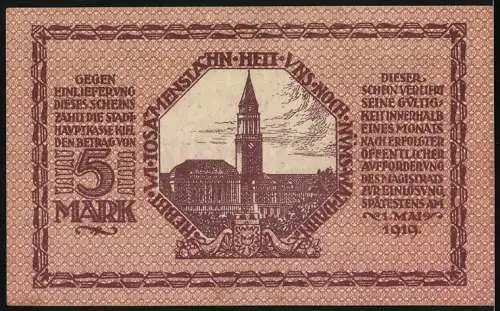 Notgeld Kiel 1918, 5 Mark, Gutschein der Stadt Kiel mit Gebäudeabbildung und Gültigkeitshinweis