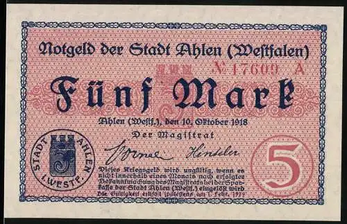 Notgeld Ahlen 1918, 5 Mark, Stadtwappen und Friedrich der Grosse Zitat