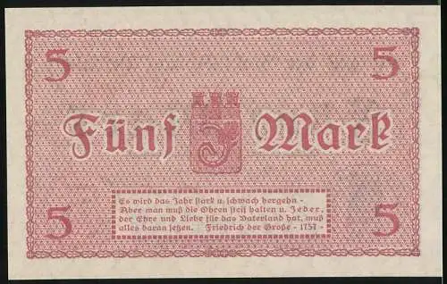 Notgeld Ahlen 1918, 5 Mark, Stadtwappen und Friedrich der Grosse Zitat