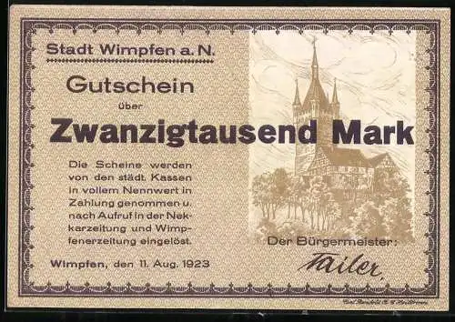 Notgeld Wimpfen 1923, 20000 Mark, Stadtansicht mit Kirche und historischem Ortsbild