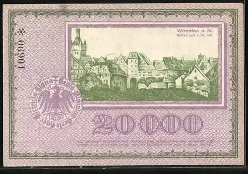 Notgeld Wimpfen 1923, 20000 Mark, Stadtansicht mit Kirche und historischem Ortsbild