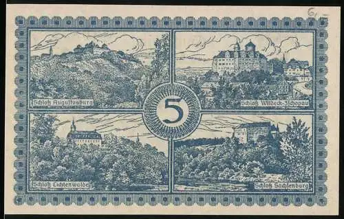 Notgeld Flöha, 1918, 5 Mark, Schloss Augustusburg, Schloss Wildeck-Johann-Georgenstadt, Schloss Lichtenwalde
