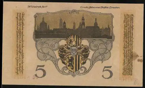 Notgeld Dresden 1918, 5 Mark, Stadtansicht und Wappen, Serie U, Nr. 84978
