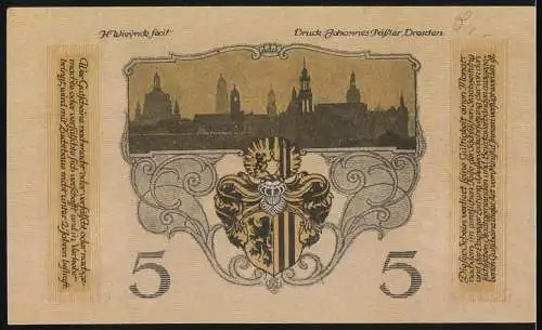 Notgeld Dresden 1918, 5 Mark, Vorderseite mit Stadtbezirke und Rückseite mit Wappen und Skyline