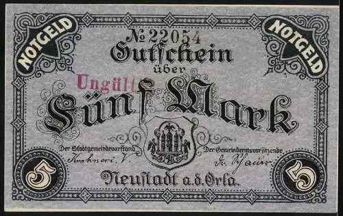 Notgeld Neustadt a.d. Orla, 1918, 5 Mark, Gutschein über fünf Mark mit dekorativen Umrandungen