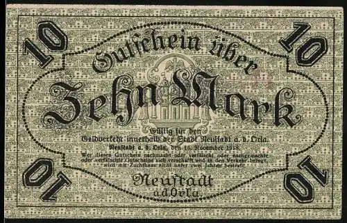 Notgeld Neustadt an der Orla, 1918, 10 Mark, Gültig innerhalb der Stadt, Seriennummer 6299, Stempel Ungültig