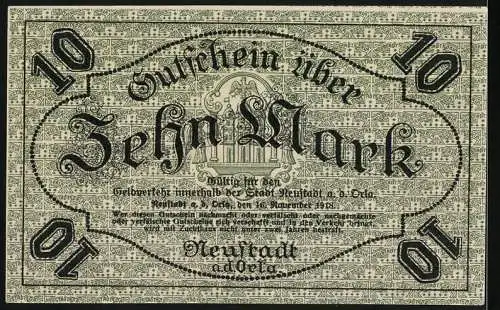 Notgeld Neustadt a.d.Orla, 1918, 10 Mark, Gutschein der Stadtgemeinde mit Wappen und Unterschriften, Stempel Ungültig