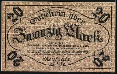 Notgeld Neustadt a.d.Orla, 1918, Zwanzig Mark, Gutschein Nr. 8698 mit Siegel und Unterschriften, Stempel Ungültig