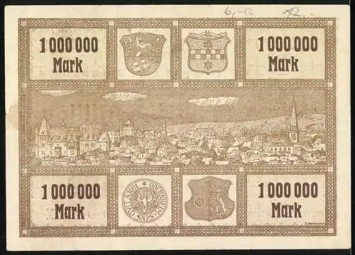 Notgeld Alzey 1923, Eine Million Mark, Kreis Alzey, Stadtansicht mit Wappen