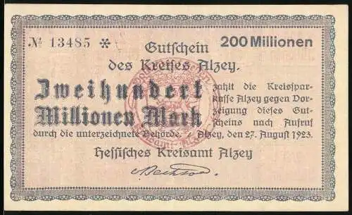 Notgeld Alzey 1923, 200 Millionen, Gutschein des Kreises Alzey mit Landschaft und Wappen