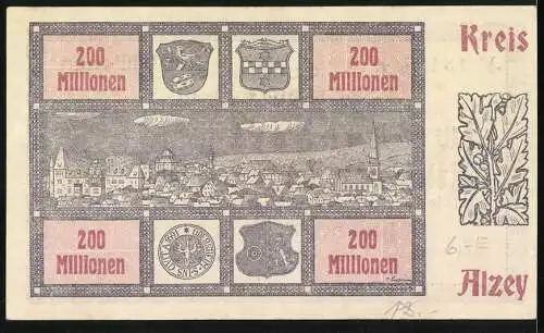 Notgeld Alzey 1923, 200 Millionen, Gutschein des Kreises Alzey mit Landschaft und Wappen