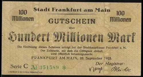 Notgeld Frankfurt am Main 1923, 100 Millionen Mark, Gutschein über Hundert Millionen Mark, Stadtansichten im Hintergrund