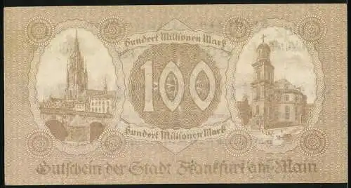 Notgeld Frankfurt am Main 1923, 100 Millionen Mark, Gutschein über Hundert Millionen Mark, Stadtansichten im Hintergrund