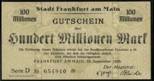 Notgeld Frankfurt am Main 1923, 100 Millionen Mark, Stadt Frankfurt am Main Gutschein 28. September 1923