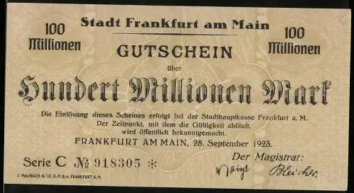 Notgeld Frankfurt am Main, 1923, 100 Millionen Mark, Stadtansichten und Schriftzüge