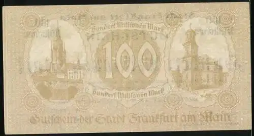 Notgeld Frankfurt am Main, 1923, 100 Millionen Mark, Stadtansichten und Schriftzüge