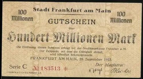 Notgeld Frankfurt am Main 1923, 100 Millionen Mark, Gutschein über Hundert Millionen Mark, Serie C, Nr. 183513