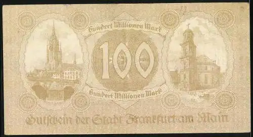 Notgeld Frankfurt am Main 1923, 100 Millionen Mark, Gutschein über Hundert Millionen Mark, Serie C, Nr. 183513