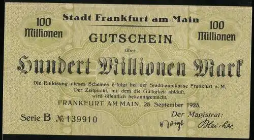 Notgeld Frankfurt am Main 1923, 100 Millionen Mark, Gutschein der Stadt mit historischen Gebäuden