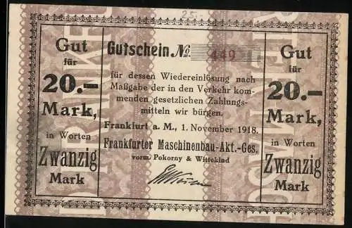 Notgeld Frankfurt a. M., 1918, 20 Mark, Frankfurter Maschinenbau-Akt.-Ges.