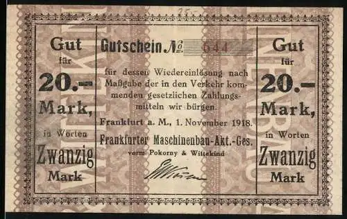 Notgeld Frankfurt 1918, 20 Mark, Frankfurter Maschinenbau-Akt.-Ges. vorm. Pokorny & Wittekind