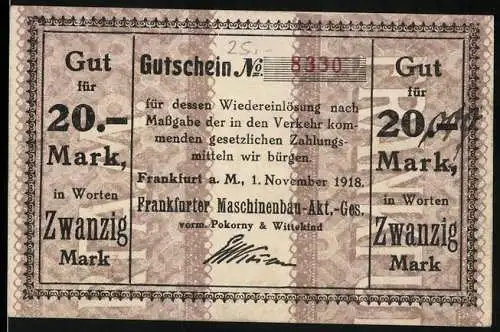 Notgeld Frankfurt am Main 1918, 20 Mark, Frankfurter Maschinenbau-Aktien-Gesellschaft Pokorny & Wittekind