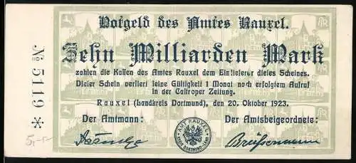 Notgeld Rauxel 1923, 10 Milliarden Mark, grünliche Notgeldschein mit Gebäuden und Unterschriften