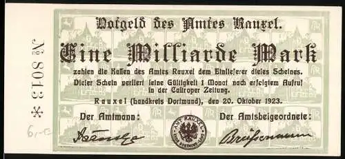 Notgeld Rauxel 1923, 1 Milliarde Mark, Am Rauxel Landkreis Dortmund, Seriennummer J 8013