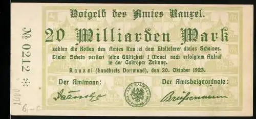 Notgeld Rauxel 1923, 20 Milliarden Mark, grün mit Unterschriften und Ortsansicht