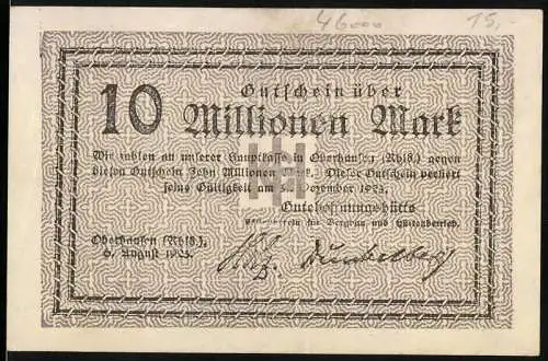 Notgeld Oberhausen 1923, 10 Millionen Mark, Gutschein über Zehn Millionen Mark, Reihe J1, gültig bis Dezember 1923