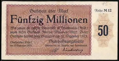 Notgeld Oberhausen 1923, 50 Millionen Mark, Gutschein über Mark von 15. September 1923