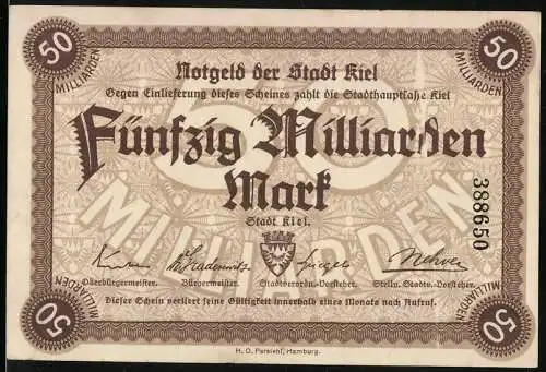 Notgeld Kiel, 1923, 50 Milliarden Mark, braun, Seriennummer 388650, Stadtwappen und Unterschriften